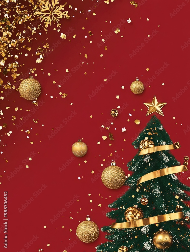 Vertical banner with gold and green Christmas symbols and text. Christmas tree, balls, golden tinsel confetti and snowflakes on a red background with generative ai Vertical banner with gold and green Christmas symbols and text. Christmas tree, balls, golden tinsel confetti and snowflakes on a red background with generative ai