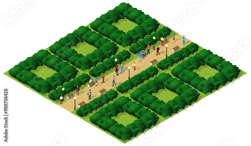 Isometric city park with people walking and relaxing on benches
