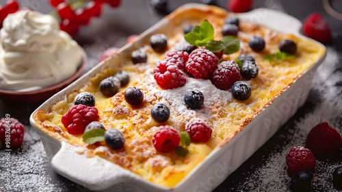 Delicious Baked Dessert with Fresh Berries and Whipped Cream