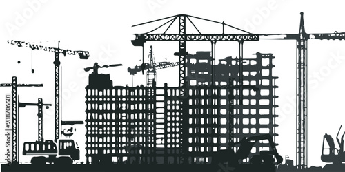 Vector background silhouette of the hotel and apartment building construction process showing construction with heavy equipment, workers and building structures. Suitable for construction project 