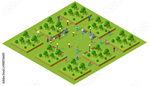 People walking and relaxing in a city park isometric illustration
