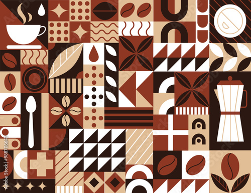 Coffee pattern, geometric background, icon bean. Illustration element abstract, Bauhaus concept cafe decoration. Cacao shape, graphic restaurant for poster and banner. Menu cover. Vector tidy design