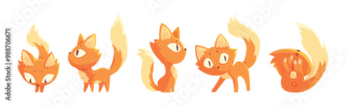Funny Cat Character Tame Pet with Tail and Cute Snout Vector Set
