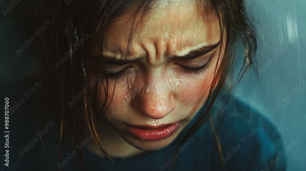 Sad Teen Girl Crying After Reading Message on Smartphone While Sitting Alone in Room Sad Teen Girl Crying After Reading Message on Smartphone While Sitting Alone in Room