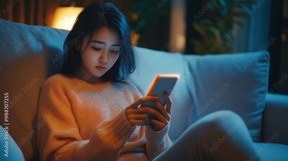 Sad Young Asian Woman Sitting on Couch Holding Phone with Disappointed Expression in Dim Light Sad Young Asian Woman Sitting on Couch Holding Phone with Disappointed Expression in Dim Light