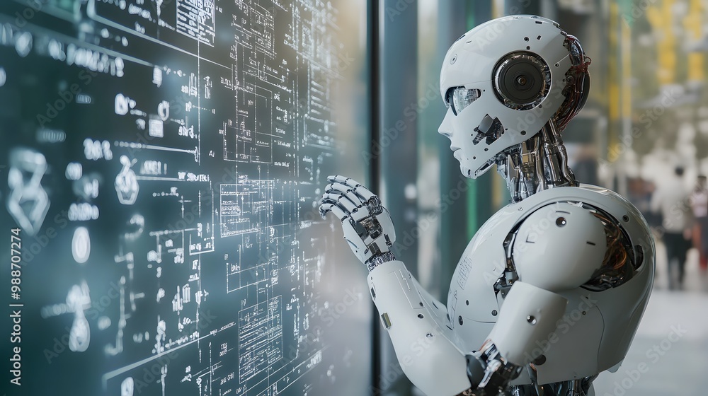 A humanoid robot interacts with a digital screen displaying technical diagrams A humanoid robot interacts with a digital screen displaying technical diagrams