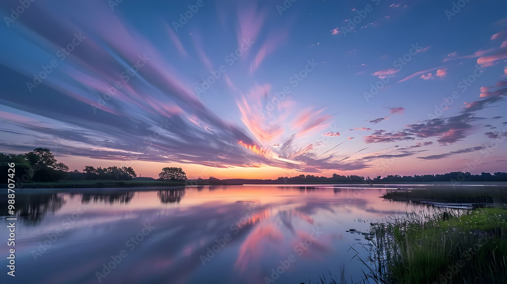 Fototapeta premium Stunning Sunset Over a Calm Lake with Pink Clouds