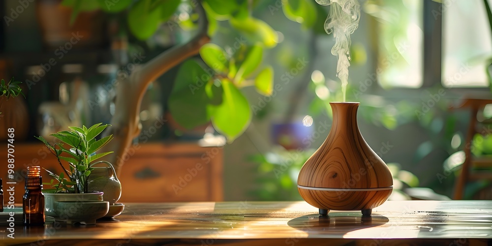 A wooden vase with a small plant inside of it sits on a table A wooden vase with a small plant inside of it sits on a table