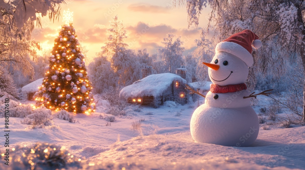 Obraz premium Snowy Landscape with a Snowman in Evening Light Surrounded by Snow-Covered Trees