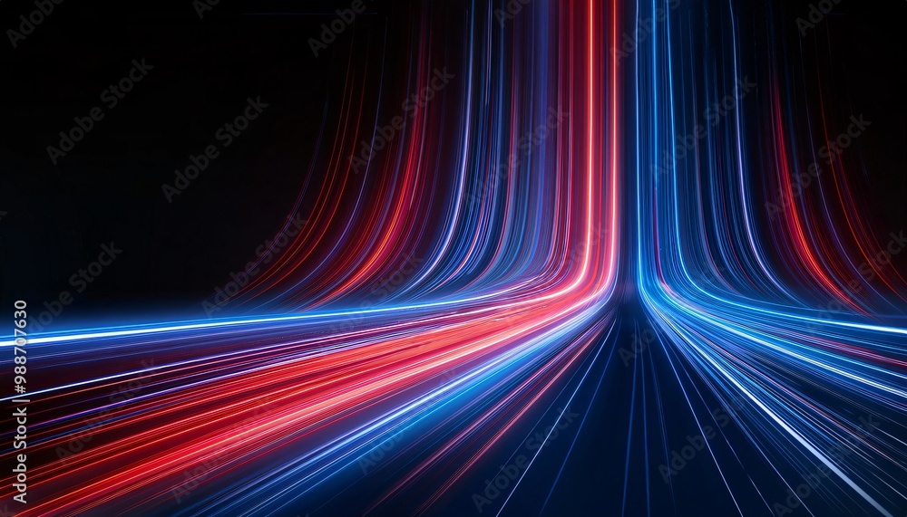 Mesmerizing neon lights in vibrant red and blue create a futuristic path against a dark backdrop, drawing the eye with their energetic design Mesmerizing neon lights in vibrant red and blue create a futuristic path against a dark backdrop, drawing the eye with their energetic design