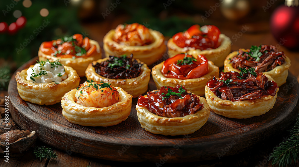 Tartlets with various fillings on a rustic wooden platter Tartlets with various fillings on a rustic wooden platter