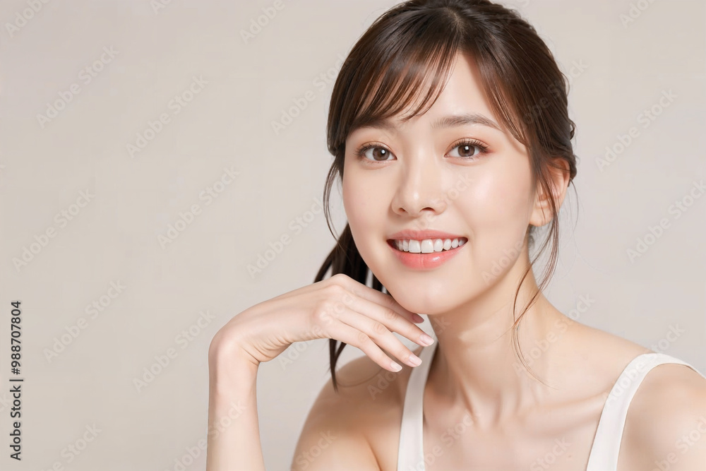 A woman with a white tank top and brown hair is smiling and posing for a picture A woman with a white tank top and brown hair is smiling and posing for a picture