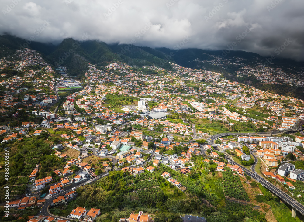 Fototapeta premium Aerial drone view of Funchal town, Madeira island, Portugal