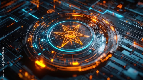 Wallpaper Mural Illuminate Your Space: High-Tech Compass Poster Blending Blue and Orange Light Trails on a Modern Circuit Layout for Dynamic Sports Interior Design Torontodigital.ca