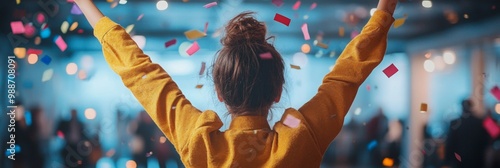 Celebration of Achievement, an individual joyfully embracing a job promotion amidst a softly blurred office party scene, vibrant atmosphere, cheerful expressions