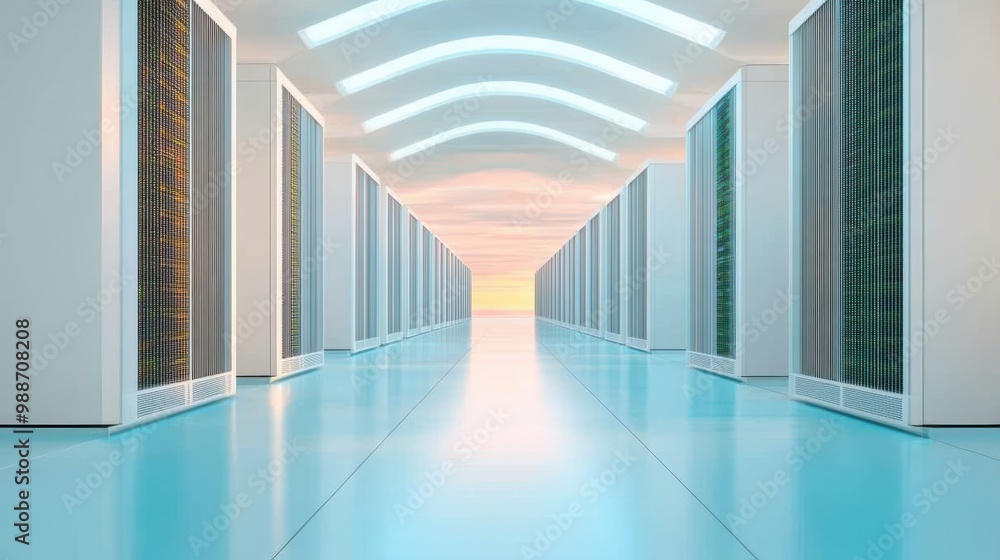 Fototapeta premium A view of a large data center with air conditioning systems and cables running throughout the space.