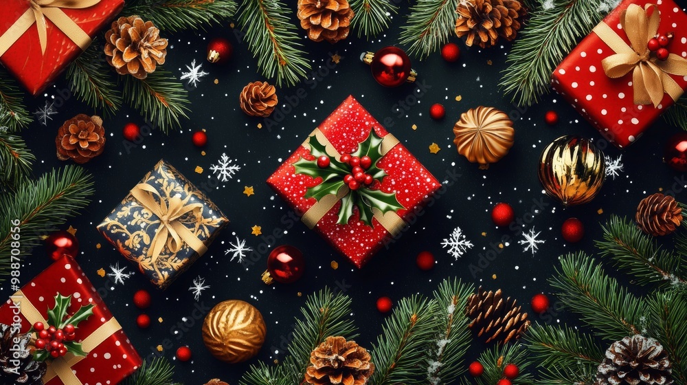 Christmas Pattern with Gifts, Tree Branches, Snowflakes on Dark Background Christmas Pattern with Gifts, Tree Branches, Snowflakes on Dark Background