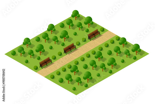 Isometric city park with benches and a winding path