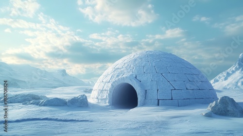 Traditional Igloo Reflecting Sunset Light in Snowy Winter Landscape