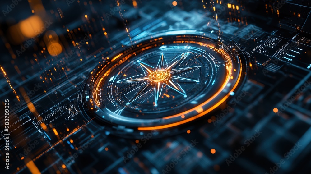 custom made wallpaper toronto digitalIlluminate Your Space: High-Tech Compass Poster Blending Blue and Orange Light Trails on a Modern Circuit Layout for Dynamic Sports Interior Design