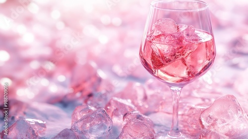 Close-Up of Rose Wine with Ice Roses on Glittering Background