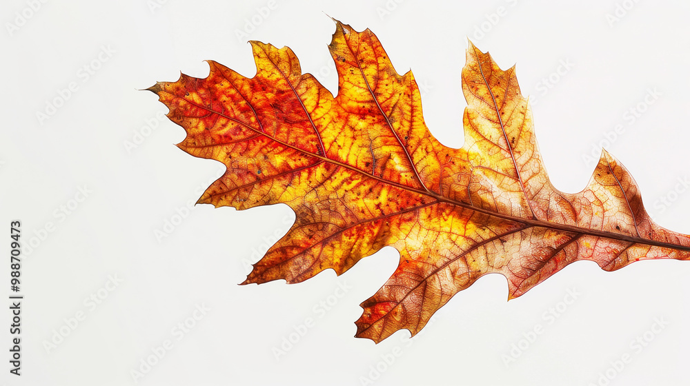 Fototapeta premium Aesthetic oak leaf with vibrant autumn colors, copy space, white background, presentation template. Generative AI