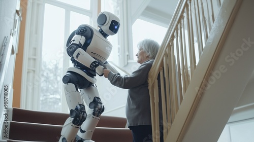 Elderly woman assisted by a humanoid robot on stairs in a modern home.
