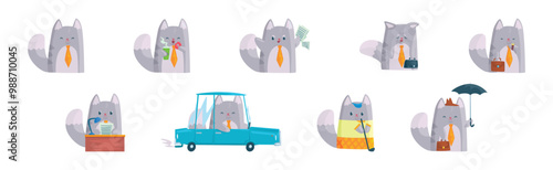 Grey Cat Businessman Character in Formal Tie Vector Set