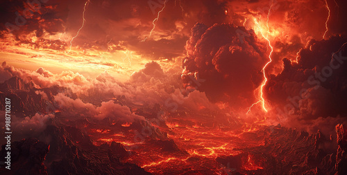 Red Hell The ground cracked red, there was fog above, red clouds, lightning flashed in the distance, there was a red volcano covered in dust and explosions