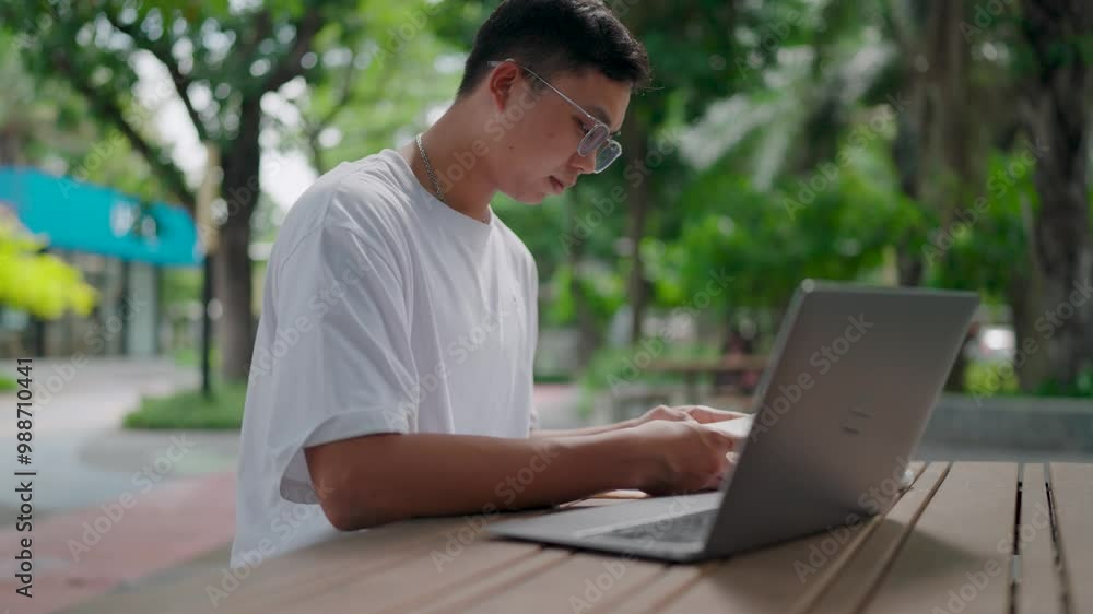 Side view of young Asian man with glasses and tan skin sitting at an outdoor table reading a book, using laptop and reading a book in a quiet park. Lifestyle, daytime, researching and finding inspirat Side view of young Asian man with glasses and tan skin sitting at an outdoor table reading a book, using laptop and reading a book in a quiet park. Lifestyle, daytime, researching and finding inspirat