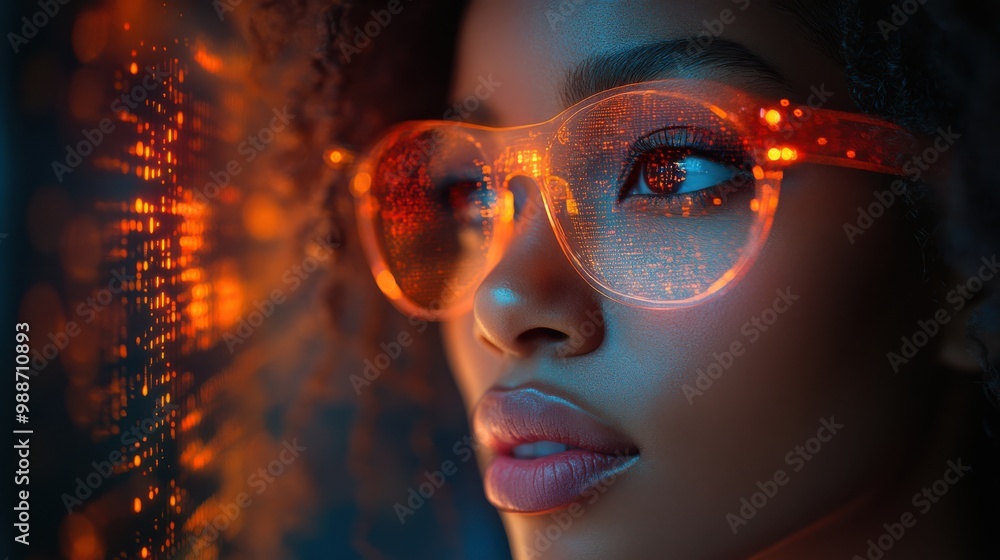 Close-up of woman wearing orange digital glasses with glowing data reflections, looking at futuristic screen in a tech environment, symbolizing innovation, technology, and AI development. Close-up of woman wearing orange digital glasses with glowing data reflections, looking at futuristic screen in a tech environment, symbolizing innovation, technology, and AI development.