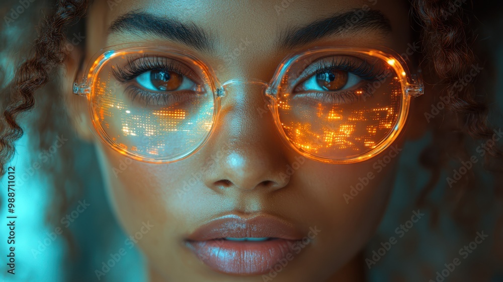 Woman with large orange glowing glasses reflecting digital data, representing futuristic technology, coding, and advanced artificial intelligence systems. Woman with large orange glowing glasses reflecting digital data, representing futuristic technology, coding, and advanced artificial intelligence systems.
