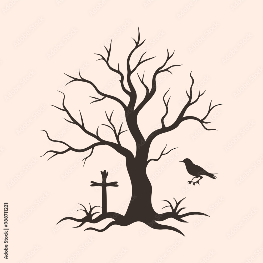 a black and white silhouette of a tree with no leaves. The tree has a bare trunk and branches that are twisted and gnarled. On the branch, there are two crows perched on it a black and white silhouette of a tree with no leaves. The tree has a bare trunk and branches that are twisted and gnarled. On the branch, there are two crows perched on it