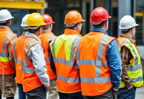 Construction Workers Wearing Safety Vests and Hard Hats.