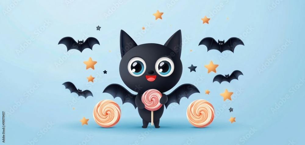 Cute bat character holding lollipop with bats and stars in background Cute bat character holding lollipop with bats and stars in background