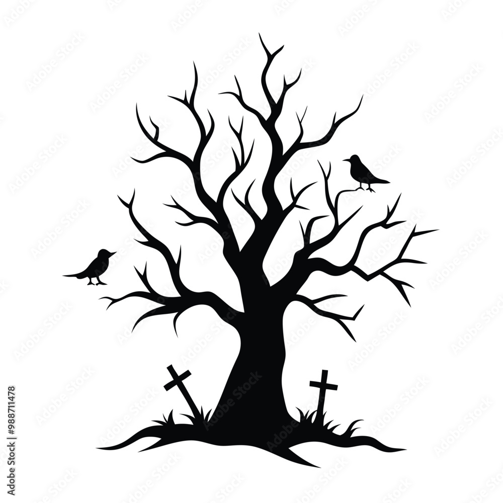 a black and white silhouette of a tree with no leaves. The tree has a bare trunk and branches that are twisted and gnarled. On the branch, there are two crows perched on it a black and white silhouette of a tree with no leaves. The tree has a bare trunk and branches that are twisted and gnarled. On the branch, there are two crows perched on it