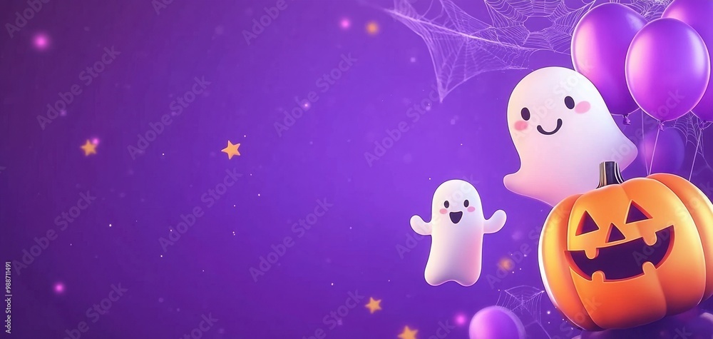Playful ghosts and pumpkin on purple backdrop, Halloween theme. Playful ghosts and pumpkin on purple backdrop, Halloween theme.