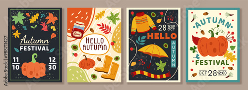 Autumn background. Thanksgiving holiday poster. Orange pumpkin. Fall leaves. Autumnal festival card. Botanical pattern. Harvest squash. Seasonal sweater. Rain umbrella. Vector tidy party flyers set