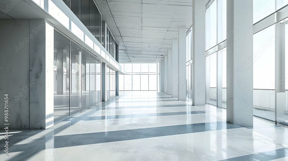 Modern Office Interior with Glass Windows and Concrete Pillars Modern Office Interior with Glass Windows and Concrete Pillars