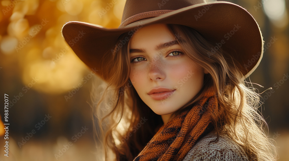 Stylish and Elegant Woman Wearing a Cowboy Hat in a Scenic Outdoor Portrait with Autumn Colors and Warm Tones Stylish and Elegant Woman Wearing a Cowboy Hat in a Scenic Outdoor Portrait with Autumn Colors and Warm Tones