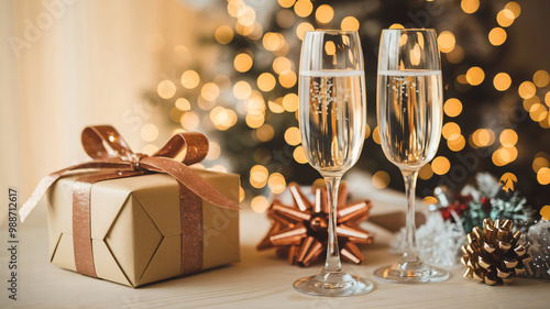 Christmas glasses of champagne and fir tree branches on old wooden background, dark image in rustic style.