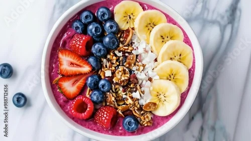 Delicious and Healthy Acai Bowl with Fresh Fruit, Granola, and Coconut Flakes