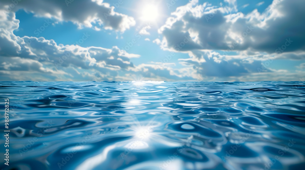 Obraz premium Serene Ocean Landscape: Blue Water, Sun Reflection, and Clouds