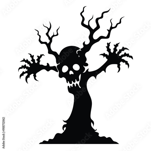 a tree with a skull on top. The tree has a tall trunk and branches that are twisted and gnarled, giving it a spooky and eerie appearance, vector silhouette 