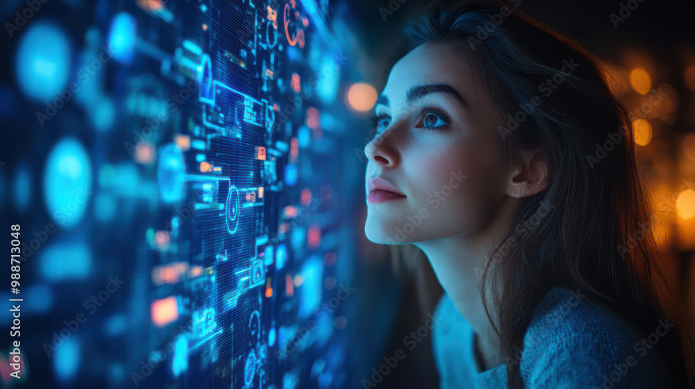 Woman looking at digital blue data interface, analyzing futuristic technology in a dark room with glowing holographic screens. Concept of global tech innovation and cyber analytics. Woman looking at digital blue data interface, analyzing futuristic technology in a dark room with glowing holographic screens. Concept of global tech innovation and cyber analytics.