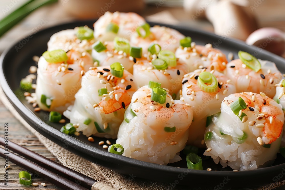 Close-up of steamed rice rolls filled with shrimp, garnished with green onions and sesame seeds.Asian food.Chinese rice rolls.Steamed rice rolls.Chinese cuisine.