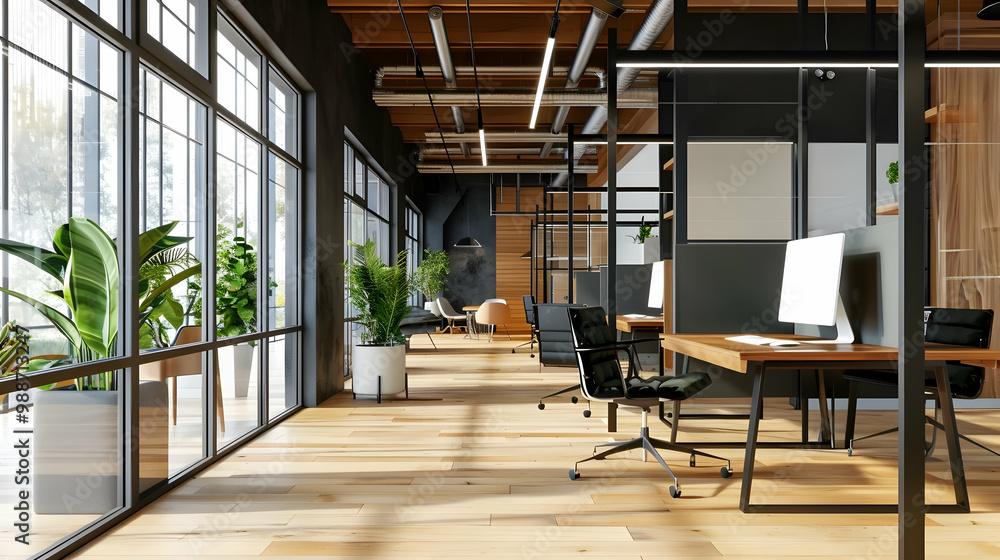 Naklejka premium Modern Office Design with Large Windows and Natural Light