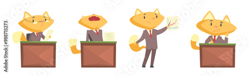 Ginger Cat Businessman Character in Formal Suit and Tie Vector Set