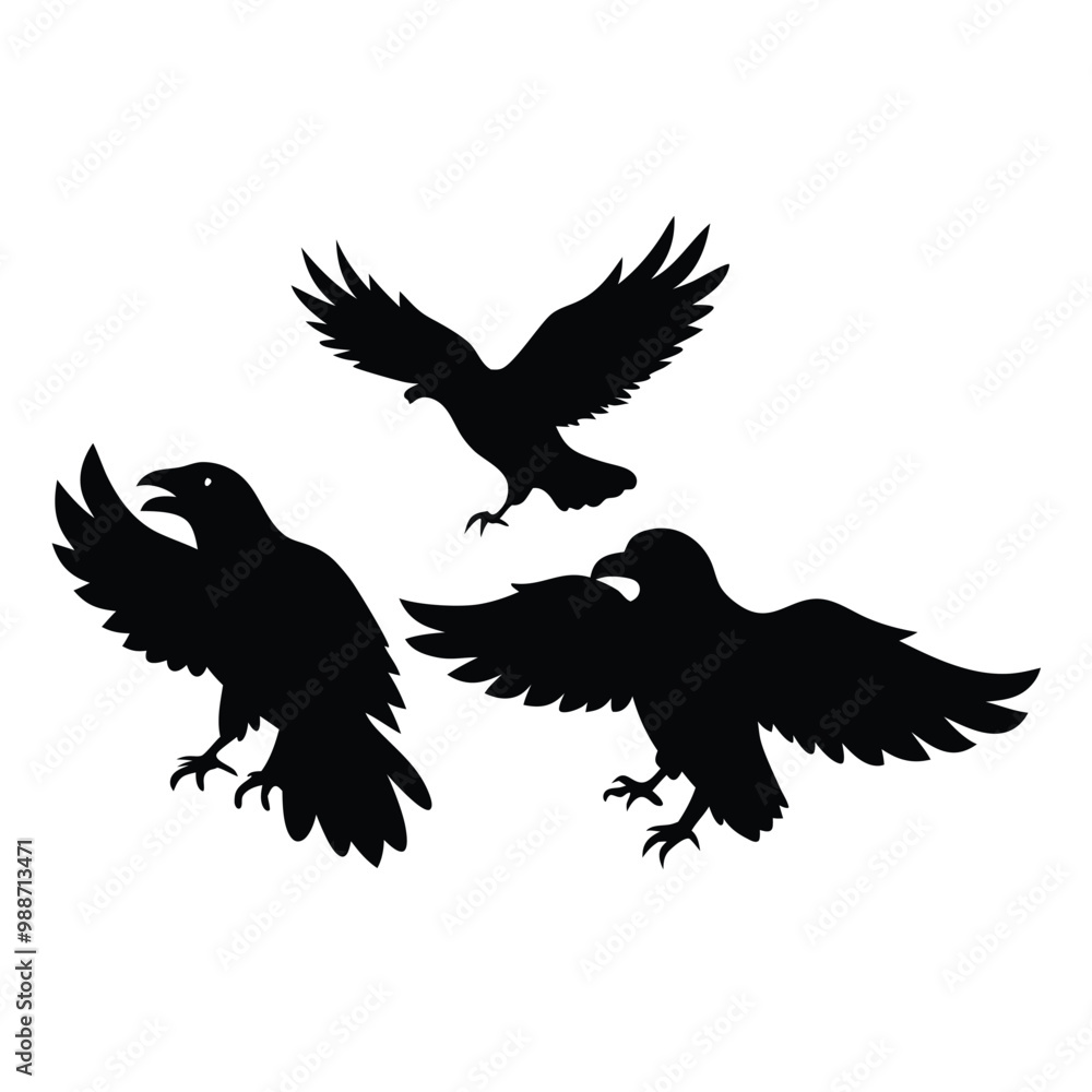 Obraz premium black silhouette of three crows. The crows are facing each other and appear to be in mid-flight. vector silhouette,