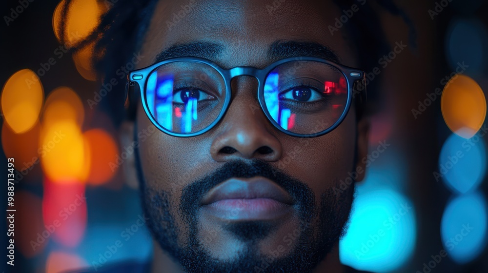 Portrait of a young man wearing glasses with reflections of digital screens. Tech professional, coding, and technology focus in a modern digital environment. Portrait of a young man wearing glasses with reflections of digital screens. Tech professional, coding, and technology focus in a modern digital environment.